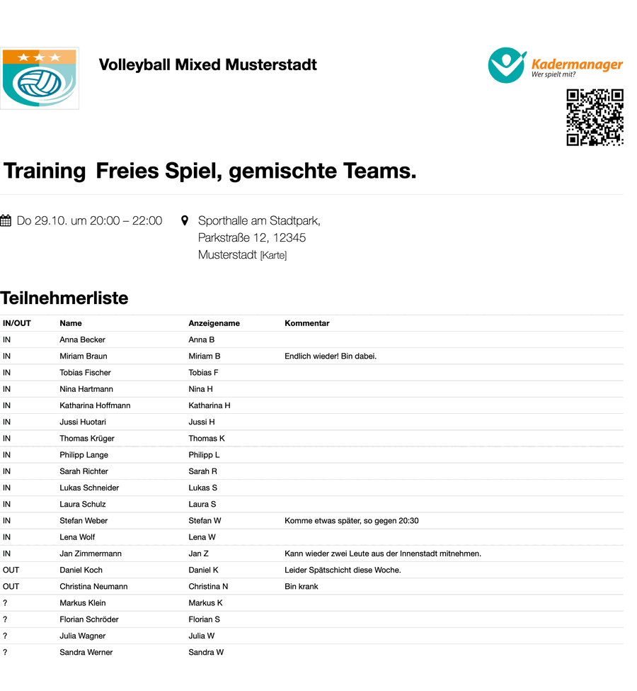 Druckbare Teilnehmerliste eines Trainings mit Zu- und Absagen und Kommentaren